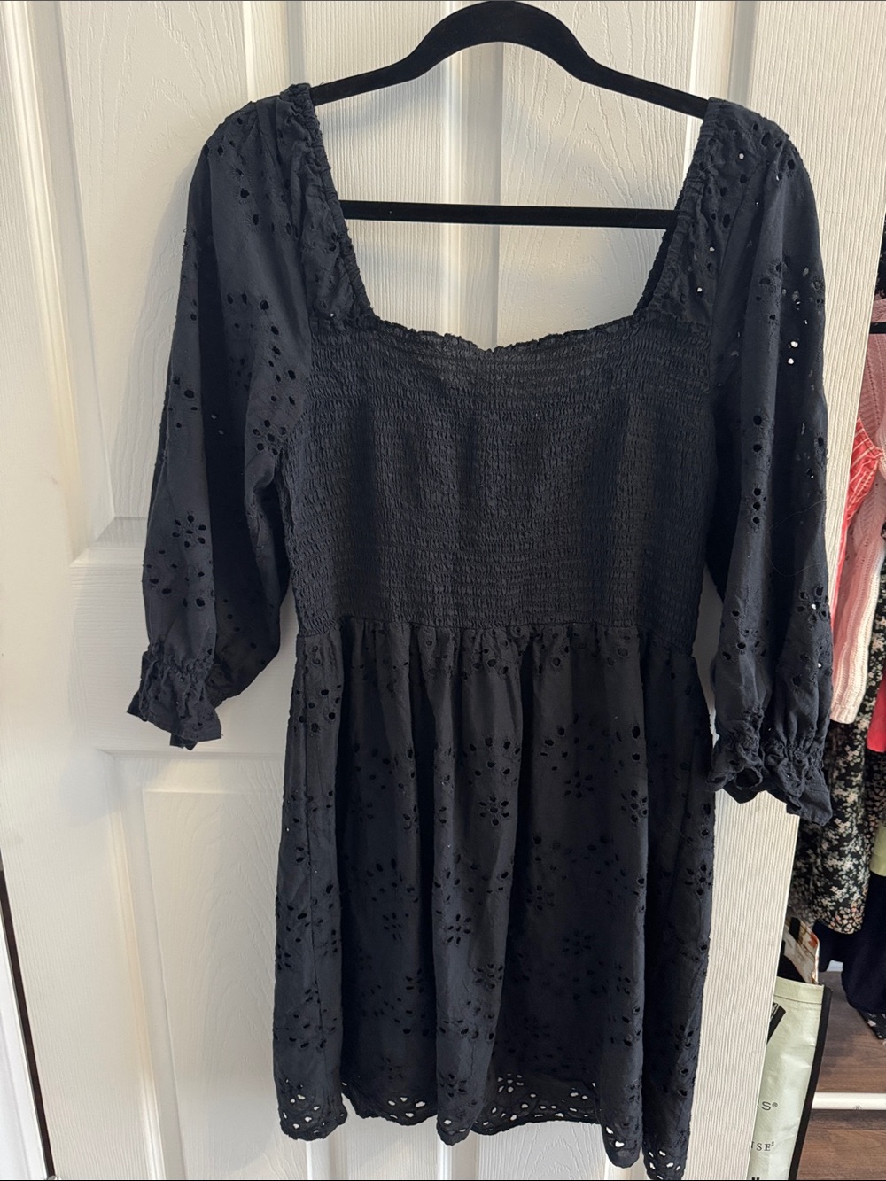 Black Eyelet Smocked Square-Neck Dress - Women
